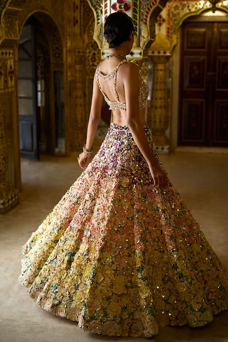 Seema Gujral 3D Ombre Floral Embroidered Bridal Lehenga Set 