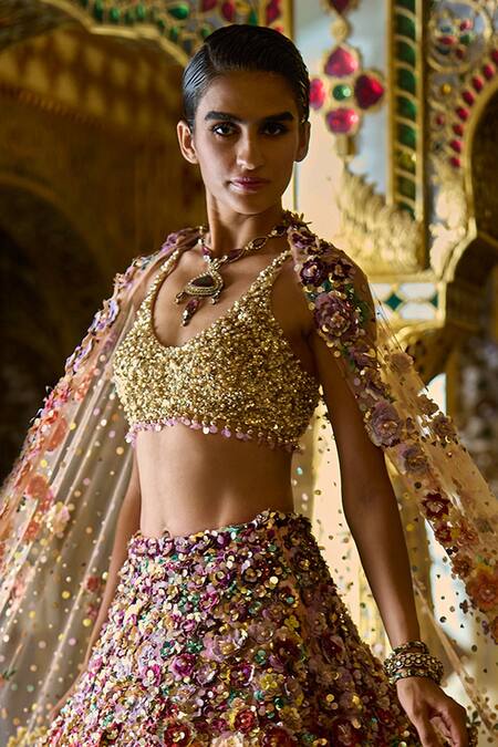 Seema Gujral_Multi Color Net Crystals, 3d Ombre Floral Embroidered Bridal Lehenga Set _Online_at_Aza_Fashions