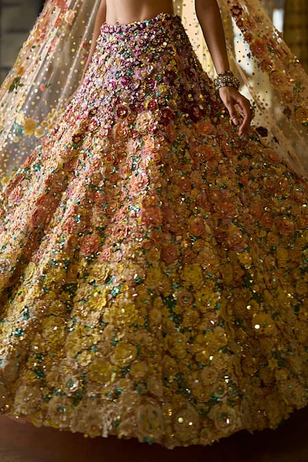 Buy_Seema Gujral_Multi Color Net Crystals, 3d Ombre Floral Embroidered Bridal Lehenga Set _Online_at_Aza_Fashions