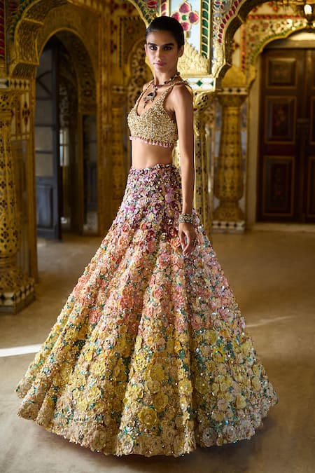 Shop_Seema Gujral_Multi Color Net Crystals, 3d Ombre Floral Embroidered Bridal Lehenga Set _Online_at_Aza_Fashions