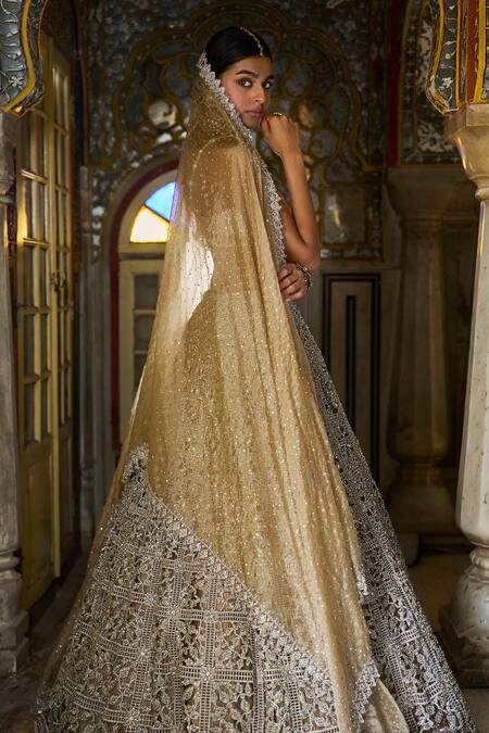 Shop_Seema Gujral_Grey Net, Tissue, Organza Geometric Cut Work Embroidered Bridal Lehenga Set_Online_at_Aza_Fashions