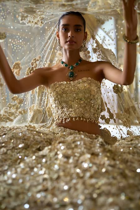 Seema Gujral_Ivory Net Pearls, Sequins Square Neck 3d Floral Embroidered Lehenga Set _Online_at_Aza_Fashions