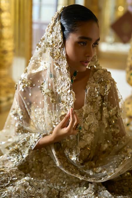 Buy_Seema Gujral_Ivory Net Pearls, Sequins Square Neck 3d Floral Embroidered Lehenga Set _Online_at_Aza_Fashions