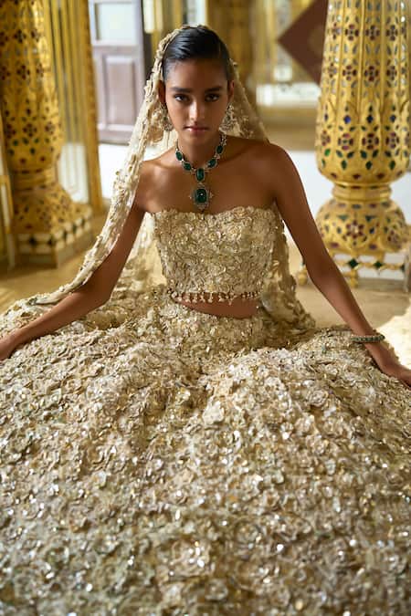 Shop_Seema Gujral_Ivory Net Pearls, Sequins Square Neck 3d Floral Embroidered Lehenga Set _Online_at_Aza_Fashions