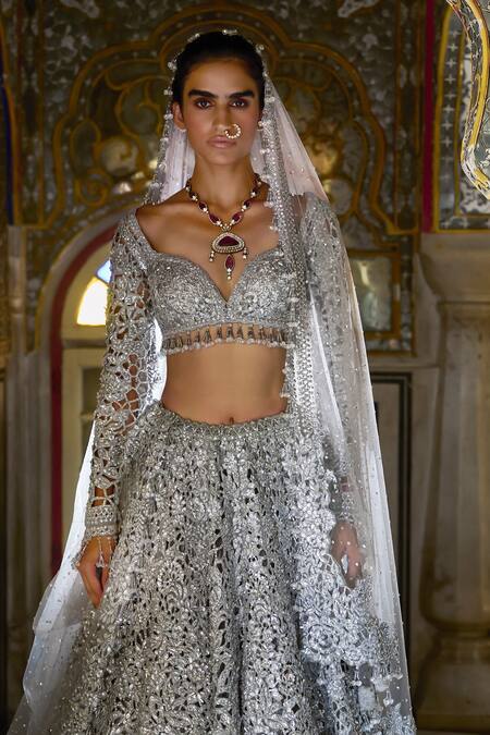 Shop_Seema Gujral_Silver Net Sequins, Crystals, Tassels, Floral Cutwork Bridal Lehenga Set _Online_at_Aza_Fashions
