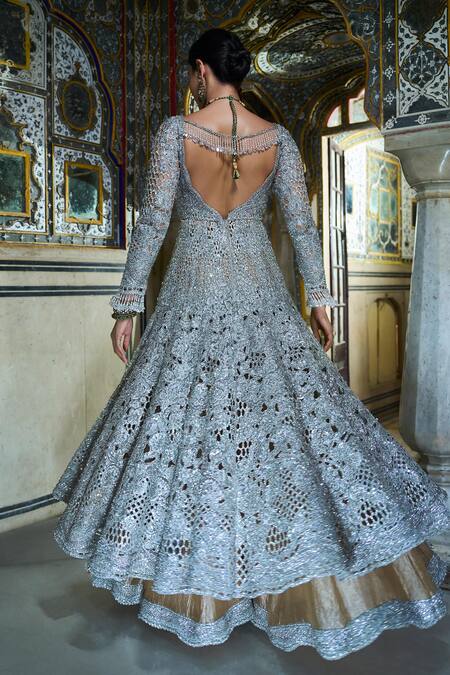 Shop Seema Gujral Silver Net, Crepe Crystals, Sequins, Floral Anarkali Jacket And Sharara Set at Aza Fashions Shop_Seema Gujral_Silver Net, Crepe Crystals, Sequins, Floral Anarkali Jacket And Sharara Set_at_Aza_Fashions