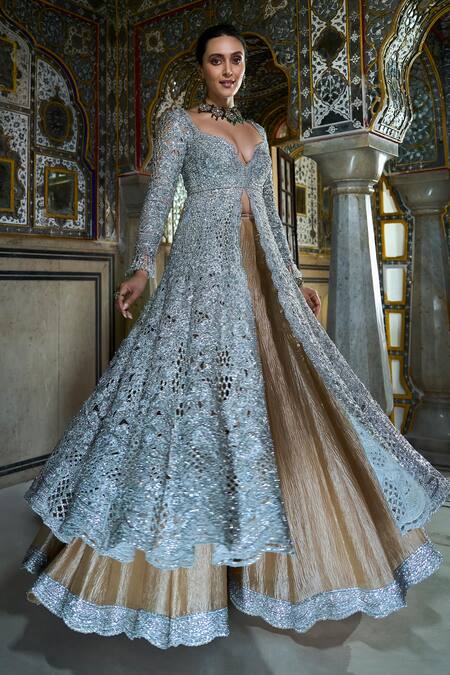Seema Gujral Silver Net, Crepe Crystals, Sequins, Floral Anarkali Jacket And Sharara Set Online at Aza Fashions Seema Gujral_Silver Net, Crepe Crystals, Sequins, Floral Anarkali Jacket And Sharara Set_Online_at_Aza_Fashions