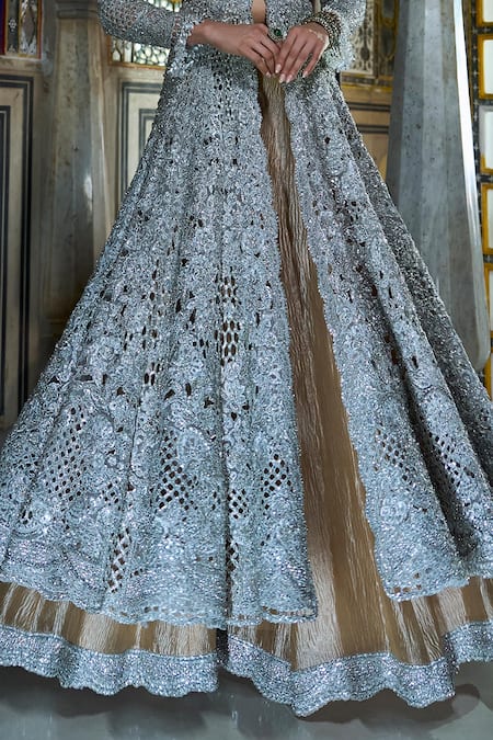 Buy Seema Gujral Silver Net, Crepe Crystals, Sequins, Floral Anarkali Jacket And Sharara Set Buy_Seema Gujral_Silver Net, Crepe Crystals, Sequins, Floral Anarkali Jacket And Sharara Set