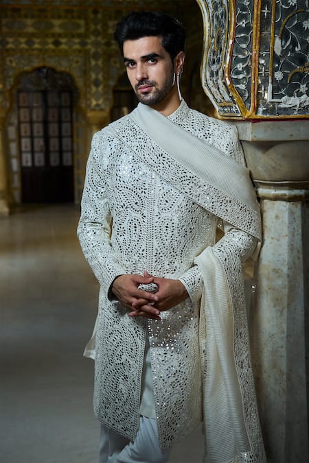 Seema Gujral_Ivory Silk, Cotton Mirrors Embroidered Sherwani Set _Online_at_Aza_Fashions