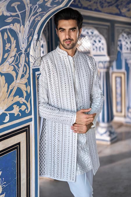 Shop_Seema Gujral_Gray Silk, Cotton Embroidery Grey Dori Work Jacket Kurta Set _at_Aza_Fashions