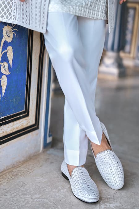 Seema Gujral_Gray Silk, Cotton Embroidery Grey Dori Work Jacket Kurta Set _Online_at_Aza_Fashions