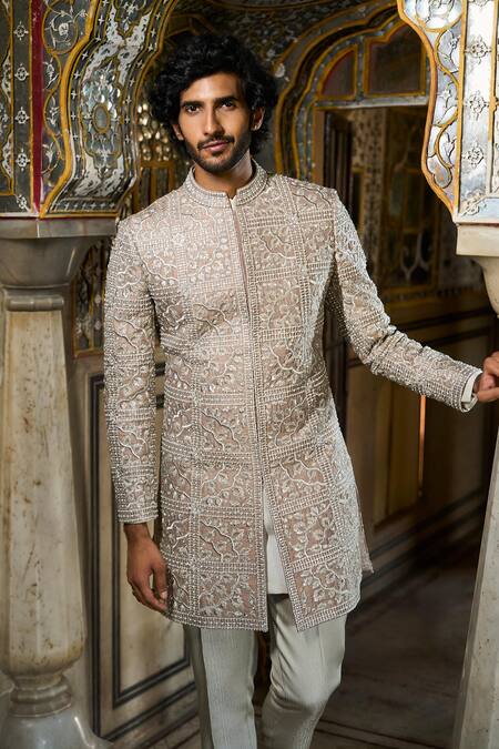 Seema Gujral_Silver Silk, Cotton Embroidery Threadwork Sherwani Set _Online_at_Aza_Fashions