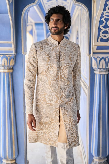 Seema Gujral_Beige Silk, Cotton Embroidery Abstract Sherwani Set _Online_at_Aza_Fashions