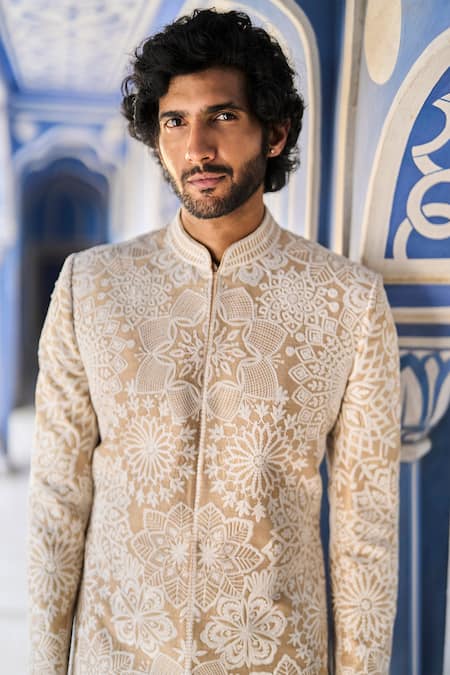 Buy_Seema Gujral_Beige Silk, Cotton Embroidery Abstract Sherwani Set _Online_at_Aza_Fashions