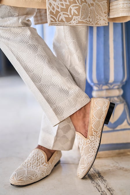 Shop_Seema Gujral_Beige Silk, Cotton Embroidery Abstract Sherwani Set _Online_at_Aza_Fashions