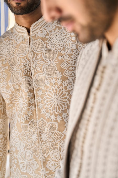 Seema Gujral_Beige Silk, Cotton Embroidery Abstract Sherwani Set _at_Aza_Fashions