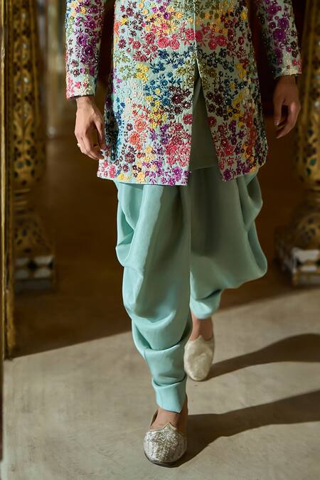 Buy_Seema Gujral_Green Silk Pearls, Sequins, Beads Flower Embroidered Sherwani Set _Online_at_Aza_Fashions