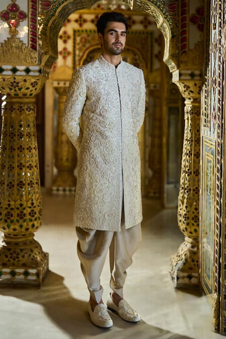 Seema Gujral Ivory Raw Silk Embroidered Sherwani Set 