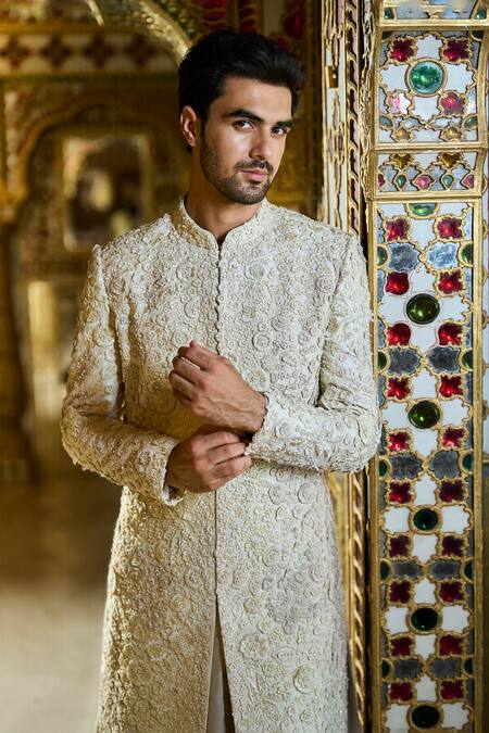 Seema Gujral_Ivory Silk Pearls, Sequins, Embroidery Raw Sherwani Set _Online_at_Aza_Fashions