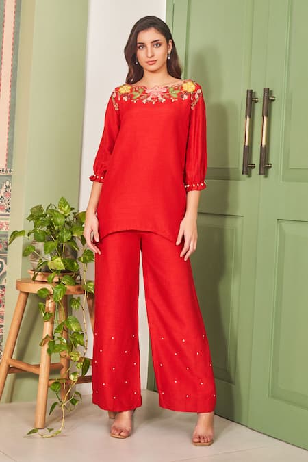 Sammohi By Moksha And Hiral_Red , Organza Pearls, Beads, Embroidery Boat Floral Hand Top With Pant _Online_at_Aza_Fashions
