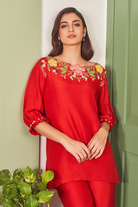 Buy_Sammohi By Moksha And Hiral_Red , Organza Pearls, Beads, Embroidery Boat Floral Hand Top With Pant _Online_at_Aza_Fashions