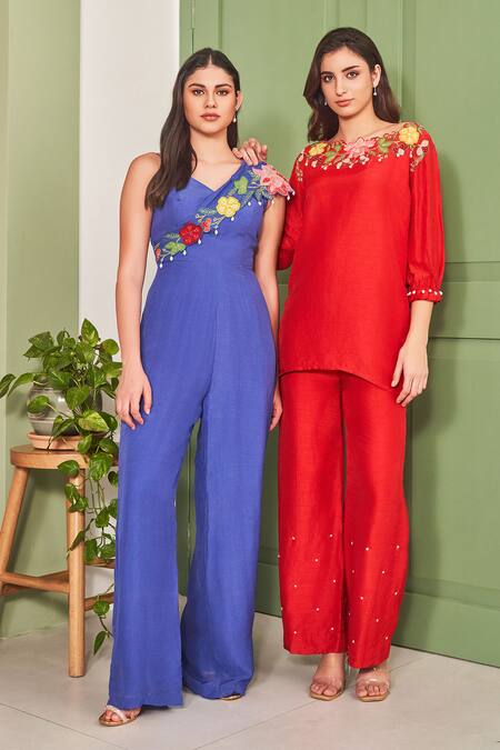 Shop_Sammohi By Moksha And Hiral_Red , Organza Pearls, Beads, Embroidery Boat Floral Hand Top With Pant _Online_at_Aza_Fashions