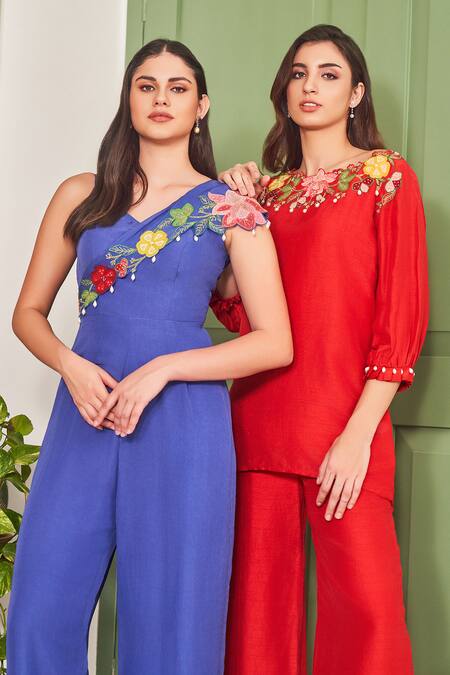 Sammohi By Moksha And Hiral_Blue Georgette, Organza Pearls, Beads, Embroidery V-neck Floral Hand Jumpsuit _Online_at_Aza_Fashions