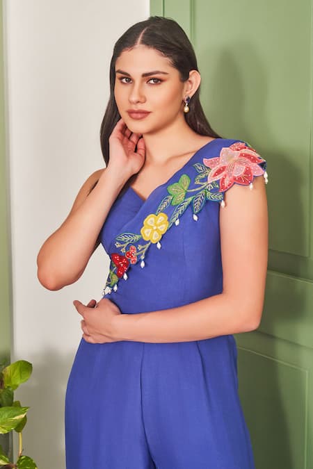 Buy_Sammohi By Moksha And Hiral_Blue Georgette, Organza Pearls, Beads, Embroidery V-neck Floral Hand Jumpsuit _Online_at_Aza_Fashions