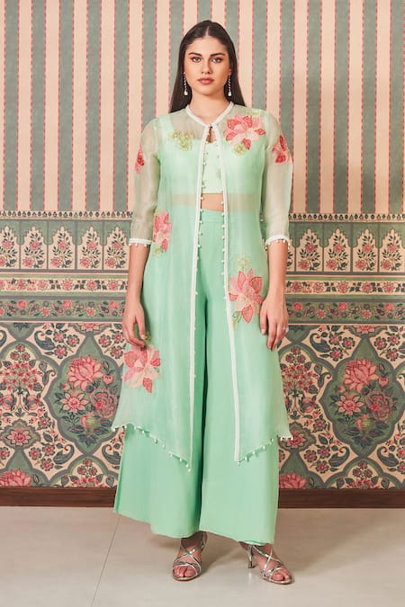 SAMMOHI BY MOKSHA AND HIRAL Green Blouse Dupion Silk Embroidered Thread Floral Applique Work And Pant Set 