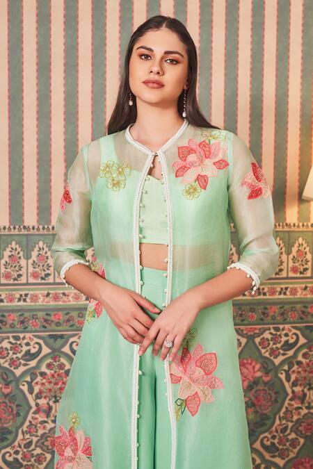 Buy_Sammohi By Moksha And Hiral_Green Silk, Georgette Pearls, Beads, Applique, Floral Work Jacket And Pant Set _Online_at_Aza_Fashions
