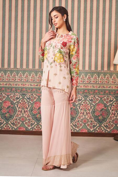 Sammohi By Moksha And Hiral_Pink Georgette Pearls, Beads, Floral Thread Work Short Kurta With Sharara _Online_at_Aza_Fashions