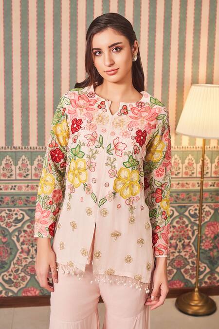 Buy_Sammohi By Moksha And Hiral_Pink Georgette Pearls, Beads, Floral Thread Work Short Kurta With Sharara _Online_at_Aza_Fashions