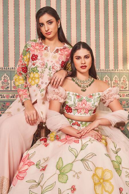 Shop_Sammohi By Moksha And Hiral_Pink Georgette Pearls, Beads, Floral Thread Work Short Kurta With Sharara _Online_at_Aza_Fashions