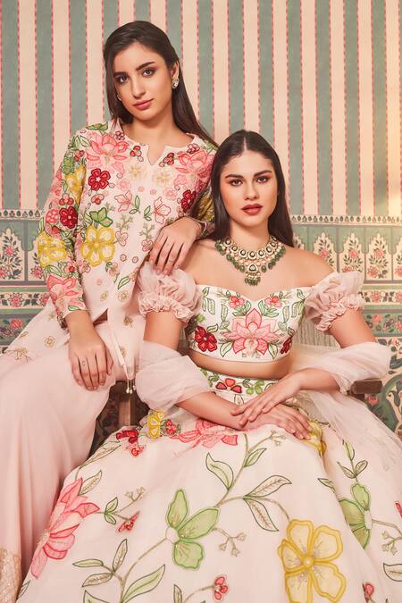 Shop_Sammohi By Moksha And Hiral_Pink Silk, Georgette, Organza, Tulle Embroidery, Beads Floral Jal Lehenga Set _Online_at_Aza_Fashions