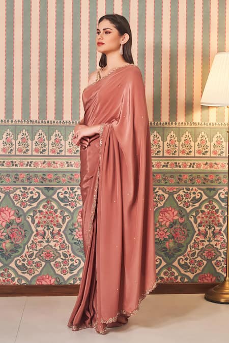 Sammohi By Moksha And Hiral_Brown Crepe, Silk Sequins, Beads Floral Embroidered Border Saree With Blouse _Online_at_Aza_Fashions