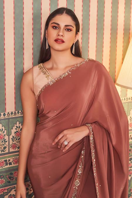 Buy_Sammohi By Moksha And Hiral_Brown Crepe, Silk Sequins, Beads Floral Embroidered Border Saree With Blouse _Online_at_Aza_Fashions