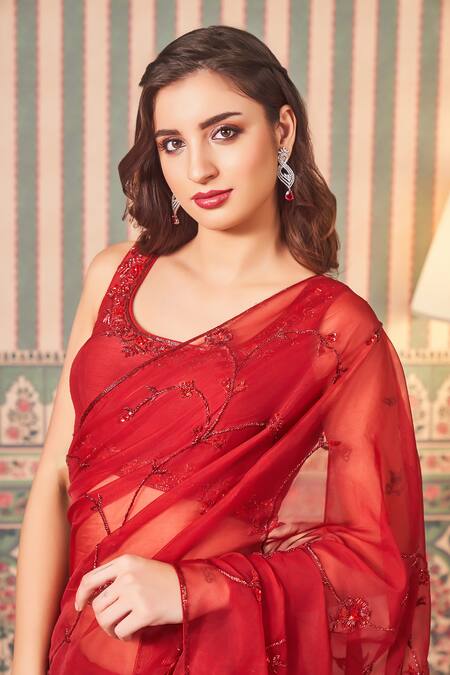 Shop_Sammohi By Moksha And Hiral_Red Silk, Organza Sequins, Beads Round Floral Jal Embroidered Saree With Blouse _Online_at_Aza_Fashions