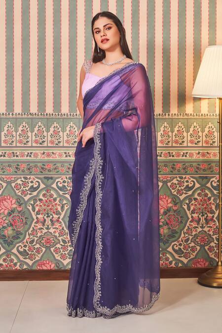 Sammohi By Moksha And Hiral_Purple Organza, Silk, Denim Sequins, Beads Zari Thread Work Saree With Blouse _Online_at_Aza_Fashions