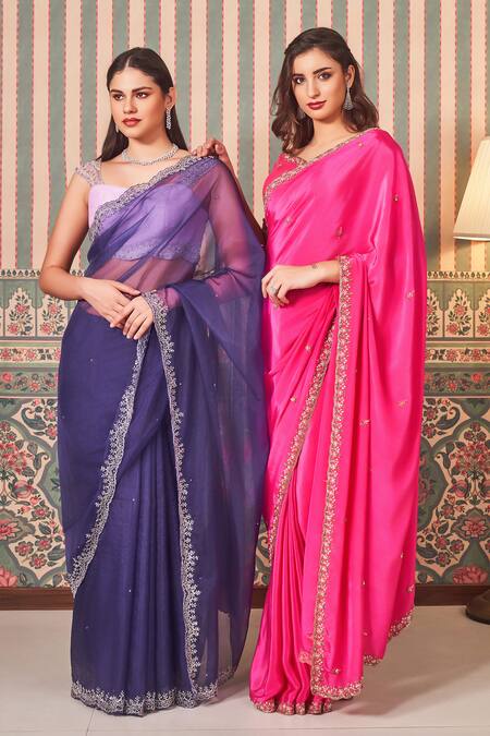 Shop_Sammohi By Moksha And Hiral_Purple Organza, Silk, Denim Sequins, Beads Zari Thread Work Saree With Blouse _Online_at_Aza_Fashions