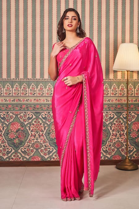 SAMMOHI BY MOKSHA AND HIRAL Pink Blouse Dupion Silk Embroidered Beads V-neck Scallop Border Saree With 