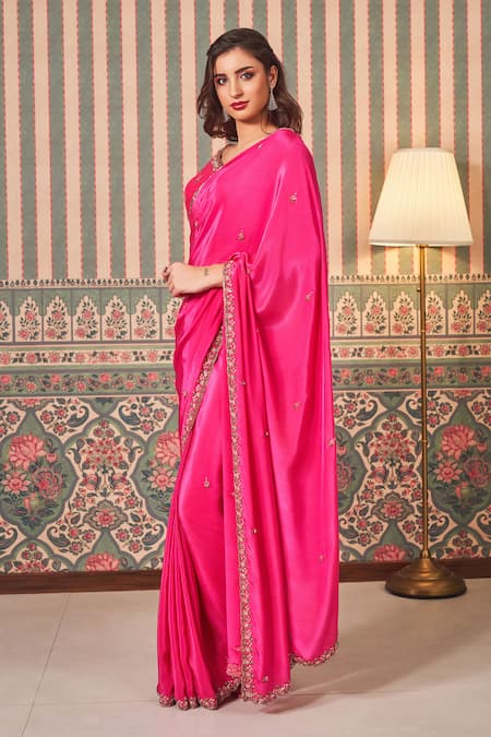 Sammohi By Moksha And Hiral_Pink Crepe, Silk Sequins, Beads Scallop Embroidered Border Saree With Blouse _Online_at_Aza_Fashions