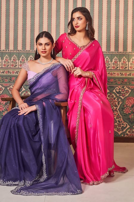 Shop_Sammohi By Moksha And Hiral_Pink Crepe, Silk Sequins, Beads Scallop Embroidered Border Saree With Blouse _Online_at_Aza_Fashions