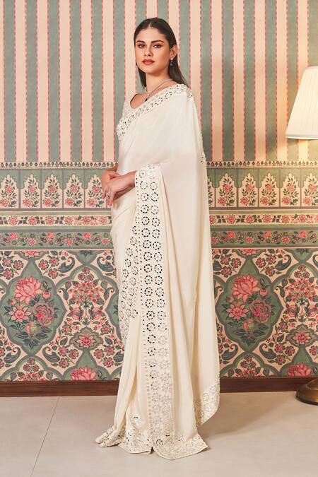 Sammohi By Moksha And Hiral_White Crepe, Silk Mirrors, Embroidery Round Neck Saree With Blouse _Online_at_Aza_Fashions