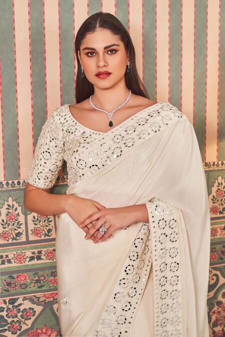 Buy_Sammohi By Moksha And Hiral_White Crepe, Silk Mirrors, Embroidery Round Neck Saree With Blouse _Online_at_Aza_Fashions