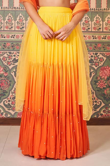 Sammohi By Moksha And Hiral_Yellow Georgette, Tulle Sequins, Beads Split V-neck Embroidered Lehenga Set _Online_at_Aza_Fashions
