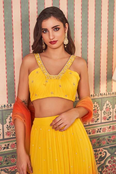 Shop_Sammohi By Moksha And Hiral_Yellow Georgette, Tulle Sequins, Beads Split V-neck Embroidered Lehenga Set _Online_at_Aza_Fashions