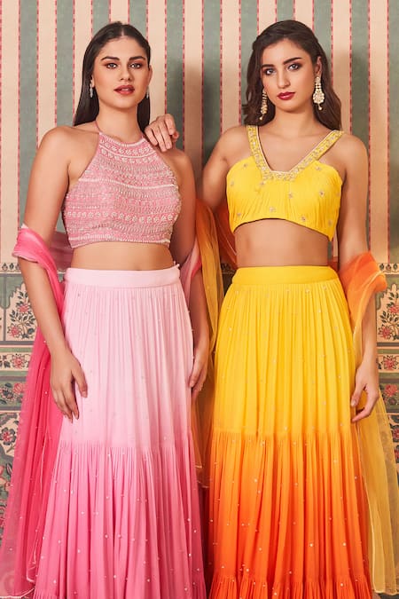 Sammohi By Moksha And Hiral_Yellow Georgette, Tulle Sequins, Beads Split V-neck Embroidered Lehenga Set _at_Aza_Fashions