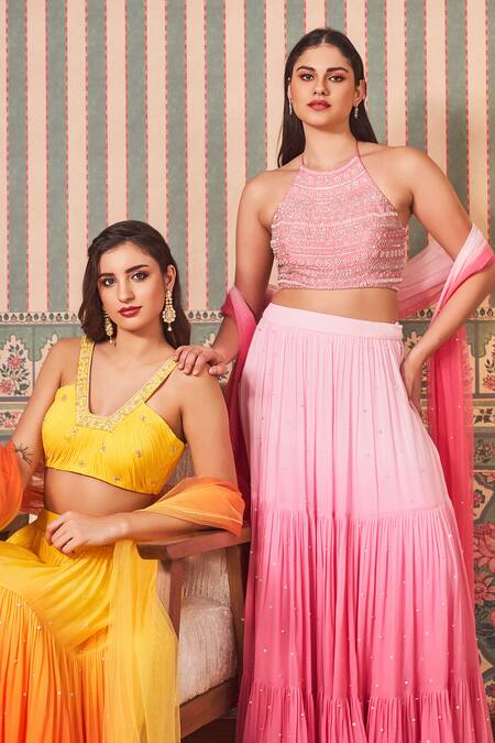 Sammohi By Moksha And Hiral Pink Georgette, Tulle Sequins, Beads V-neck Shaded Embroidered Lehenga Set Online at Aza Fashions Sammohi By Moksha And Hiral_Pink Georgette, Tulle Sequins, Beads V-neck Shaded Embroidered Lehenga Set_Online_at_Aza_Fashions