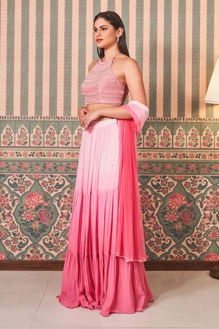 Shop Sammohi By Moksha And Hiral Pink Georgette, Tulle Sequins, Beads V-neck Shaded Embroidered Lehenga Set Online at Aza Fashions Shop_Sammohi By Moksha And Hiral_Pink Georgette, Tulle Sequins, Beads V-neck Shaded Embroidered Lehenga Set_Online_at_Aza_Fashions