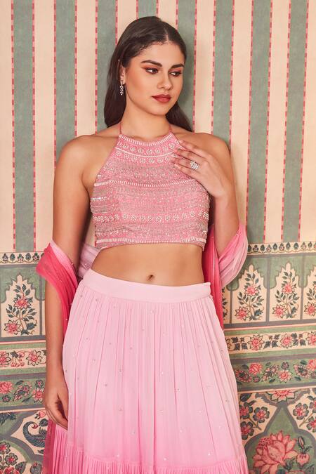 Sammohi By Moksha And Hiral Pink Georgette, Tulle Sequins, Beads V-neck Shaded Embroidered Lehenga Set at Aza Fashions Sammohi By Moksha And Hiral_Pink Georgette, Tulle Sequins, Beads V-neck Shaded Embroidered Lehenga Set_at_Aza_Fashions